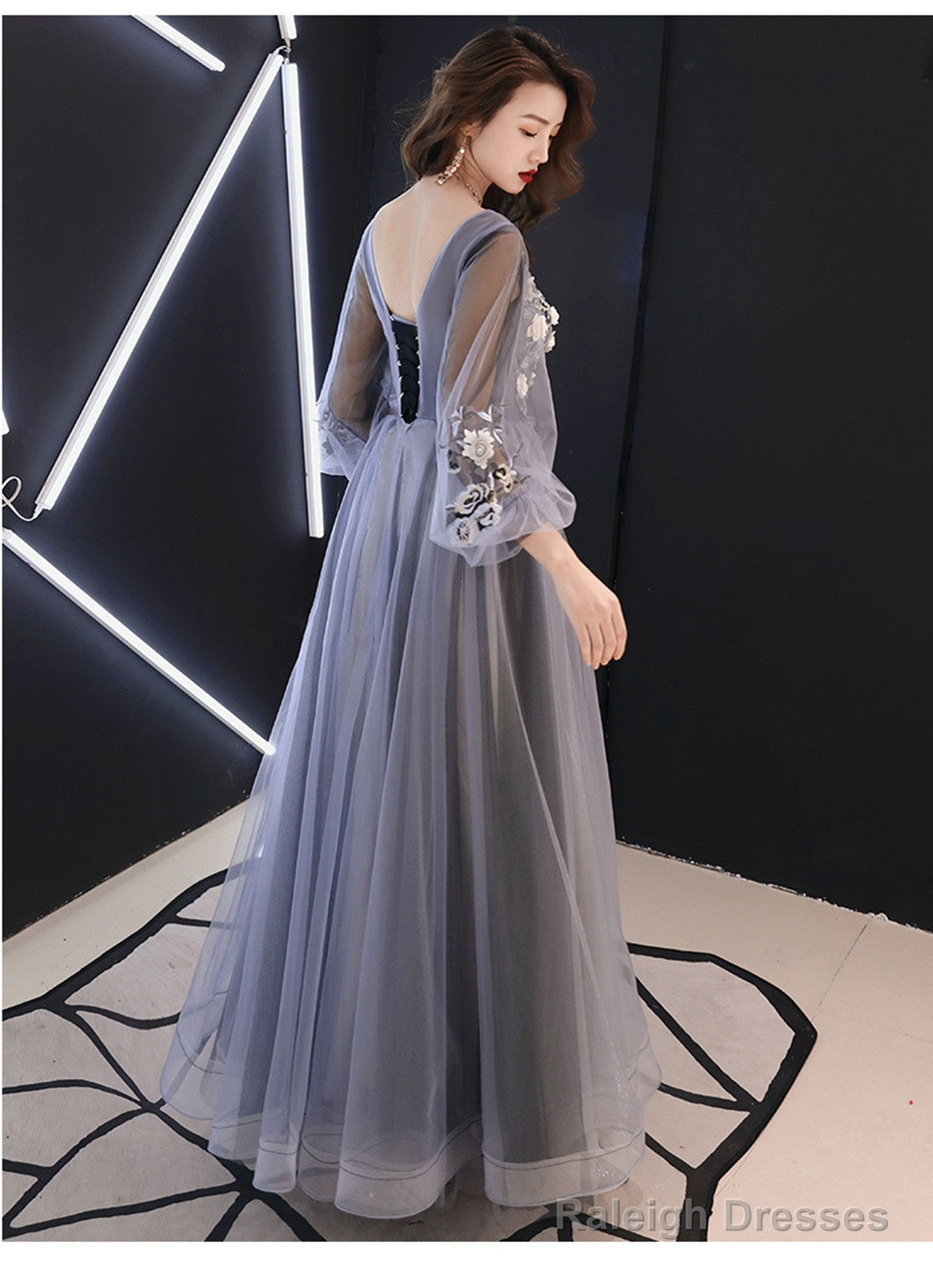 A-Line Puffy Long Sleeves Flowers Tulle Party Dress, Tulle Floor Length Prom Dress