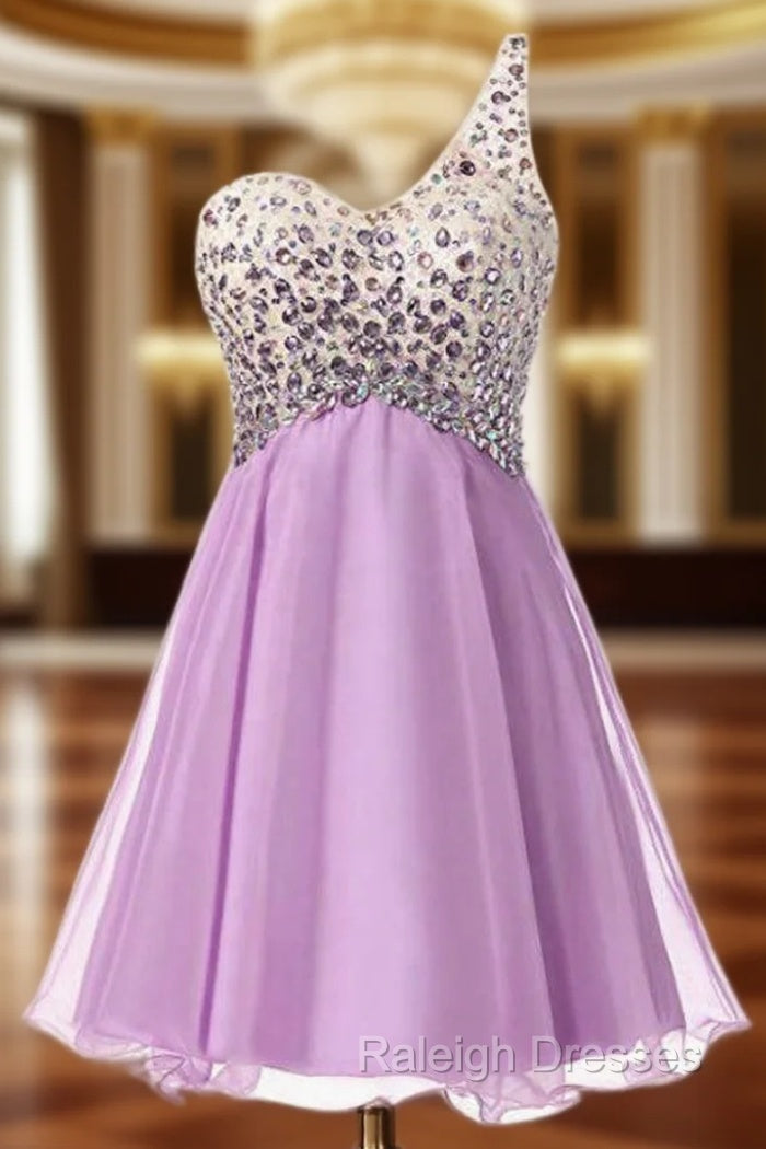 A Line Purple Chiffon One Shoulder Homecoming Dresses With Crystal