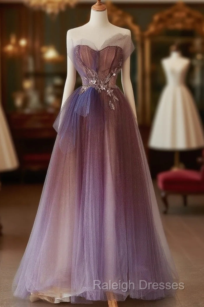 A-Line Purple Gradient Tulle Beaded Long Party Dress, Purple Tulle Prom Dress Main image
