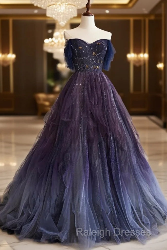 A-Line Purple Gradient Tulle Long Prom Dress Main image