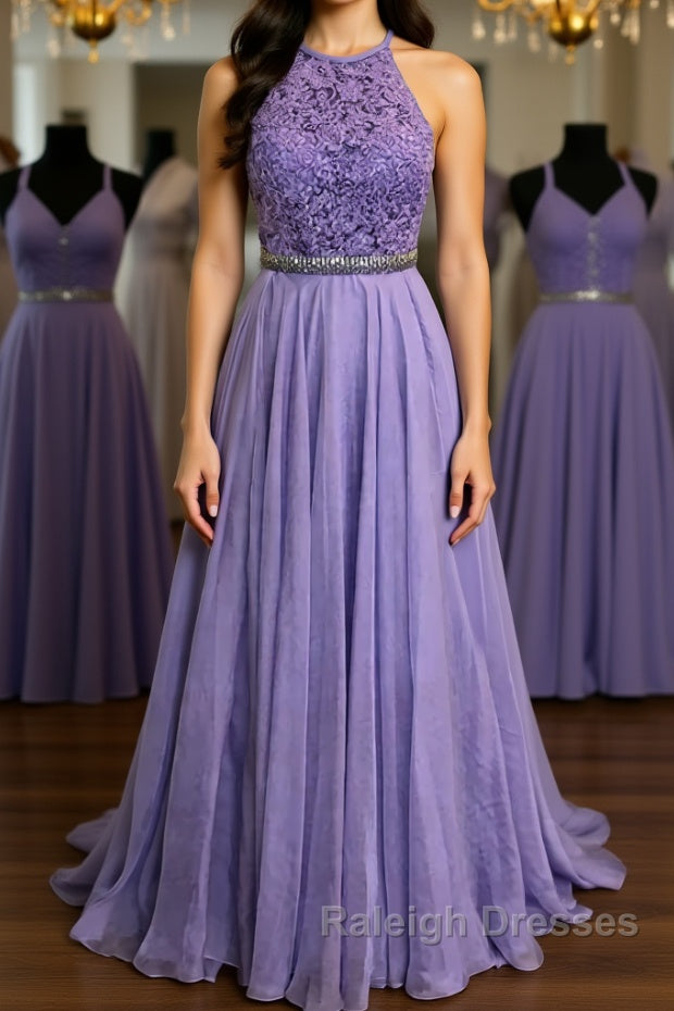 A Line Purple Lace Long Prom Dress with Belt, Purple Lace Formal Dress, Purple Evening Dress, Bridesmaid Dress Main image