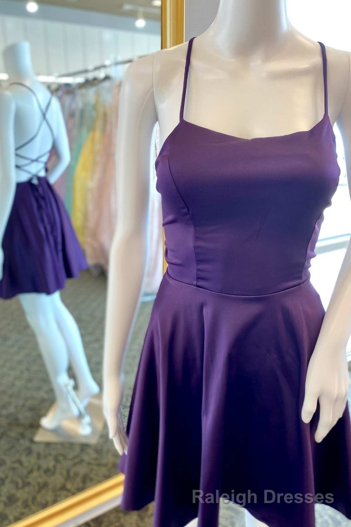 A Line Purple Lace-Up Short Satin Homecoming Dresses