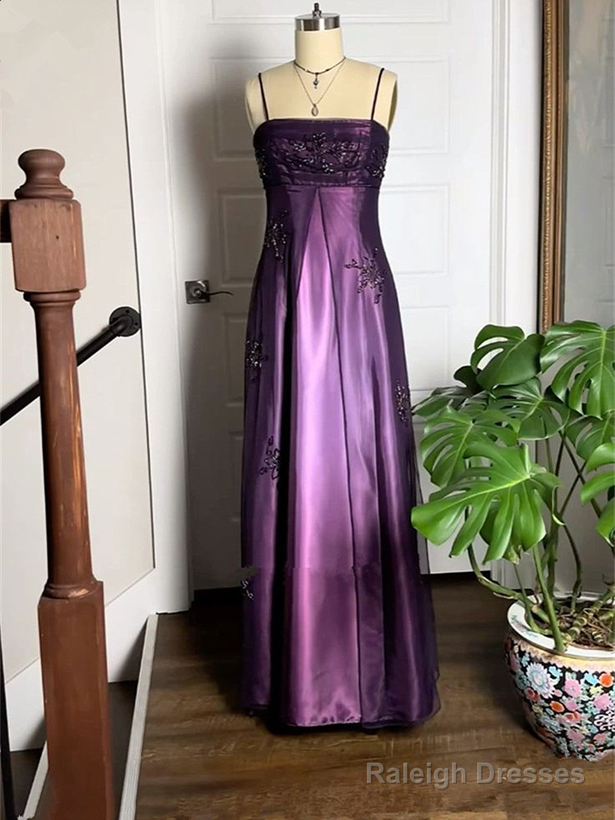 A-Line Purple Satin And Tulle Straps Long Party Dress, Purple Floor Length Prom Dress Secondary image