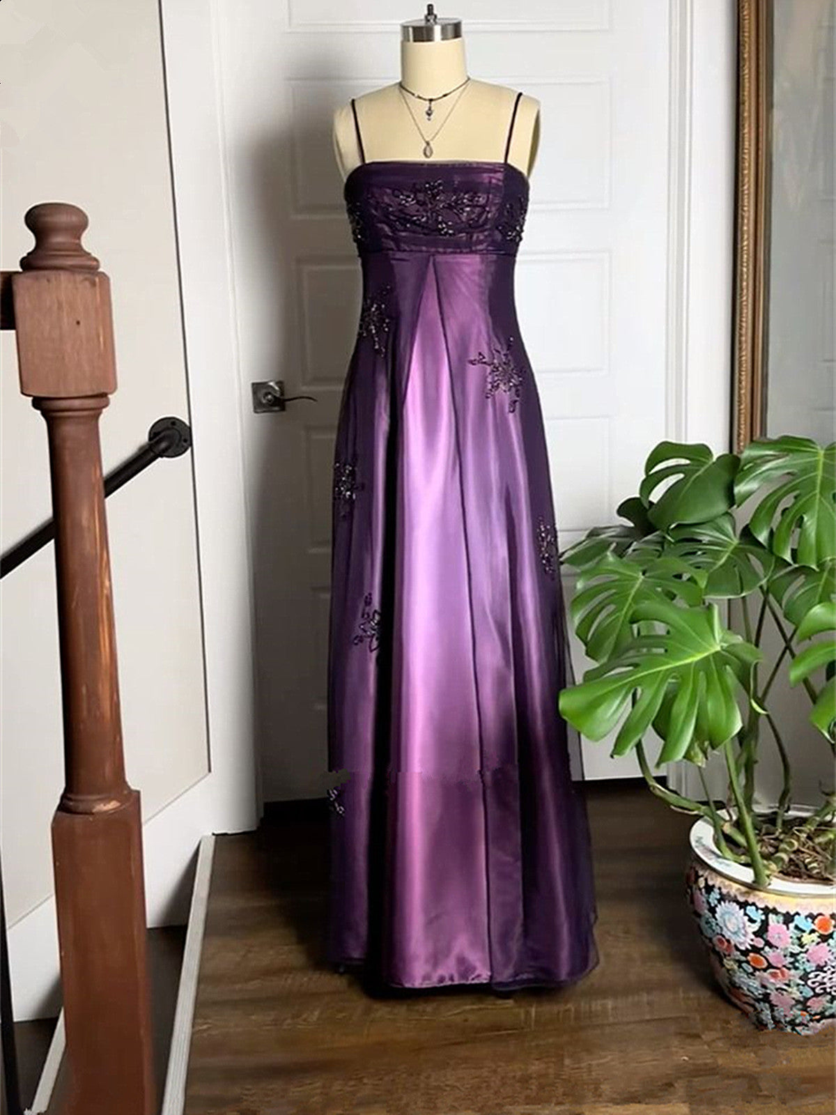 A-Line Purple Satin And Tulle Straps Long Prom Dresses Purple Floor Length Prom Dresses