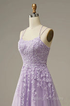 A-Line Purple Spaghetti Straps Long Prom Dress With Appliques