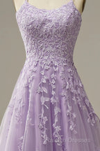 A-Line Purple Spaghetti Straps Long Prom Dress With Appliques