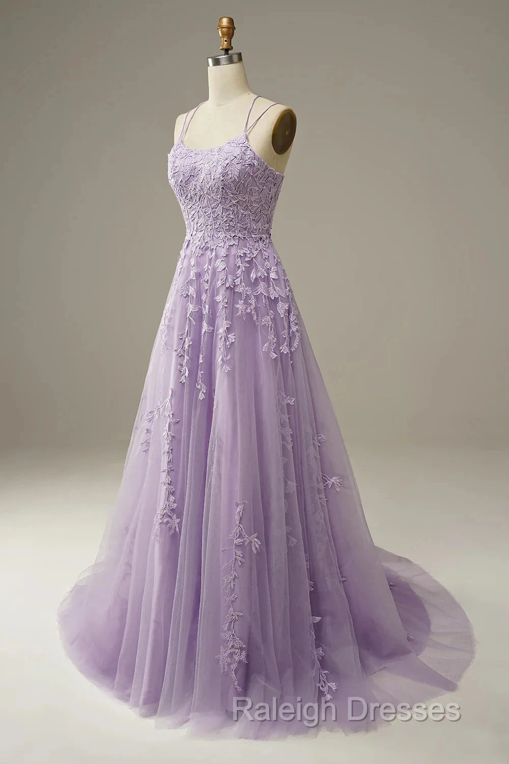 A-Line Purple Spaghetti Straps Long Prom Dress With Appliques