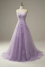 A-Line Purple Spaghetti Straps Long Prom Dress With Appliques