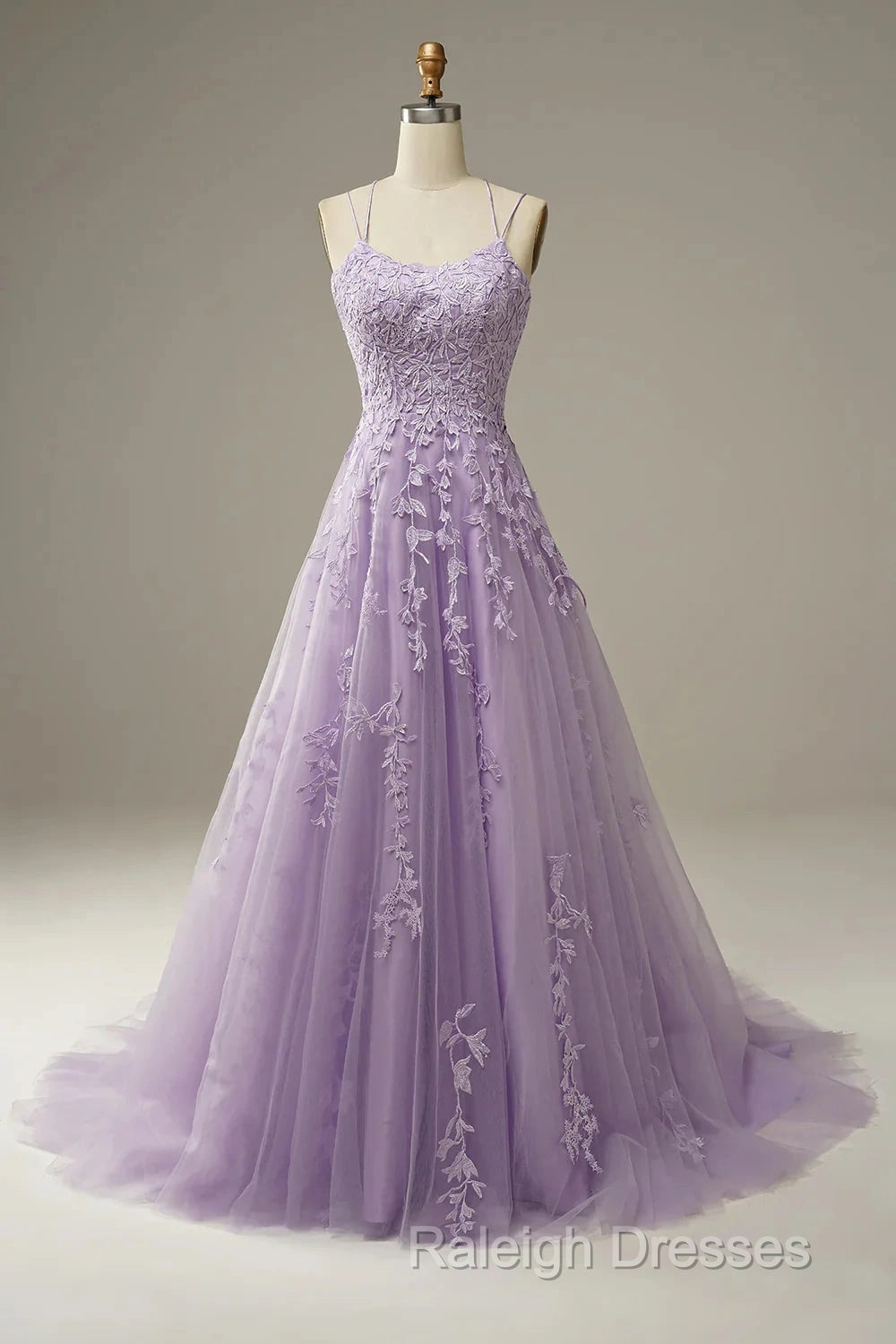 A-Line Purple Spaghetti Straps Long Prom Dress With Appliques