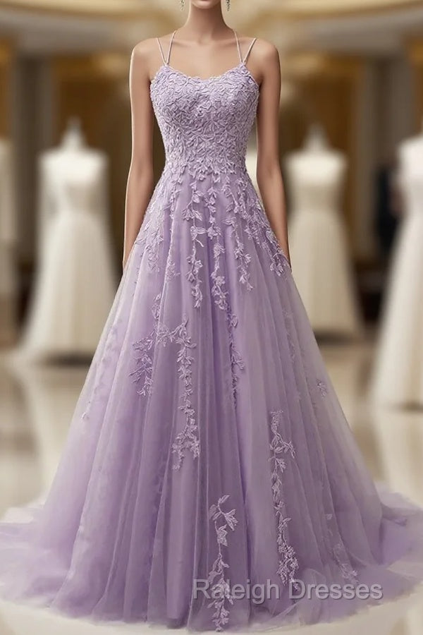 A-Line Purple Spaghetti Straps Long Prom Dress With Appliques