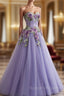 A Line Purple Tulle Embroidery Appliques Sweetheart Neck Prom Dresses