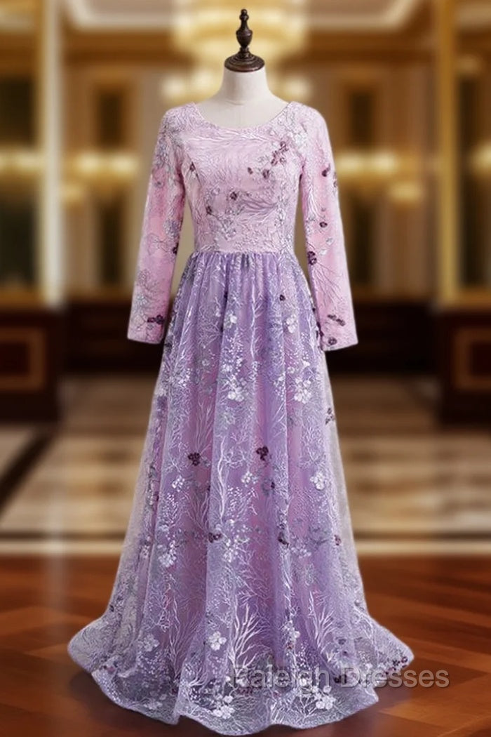 A Line Purple Tulle Embroidery Long Sleeve Prom Dresses Main image