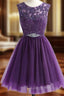 A-Line Purple Tulle Lace Apliques Beading Homecoming Dress