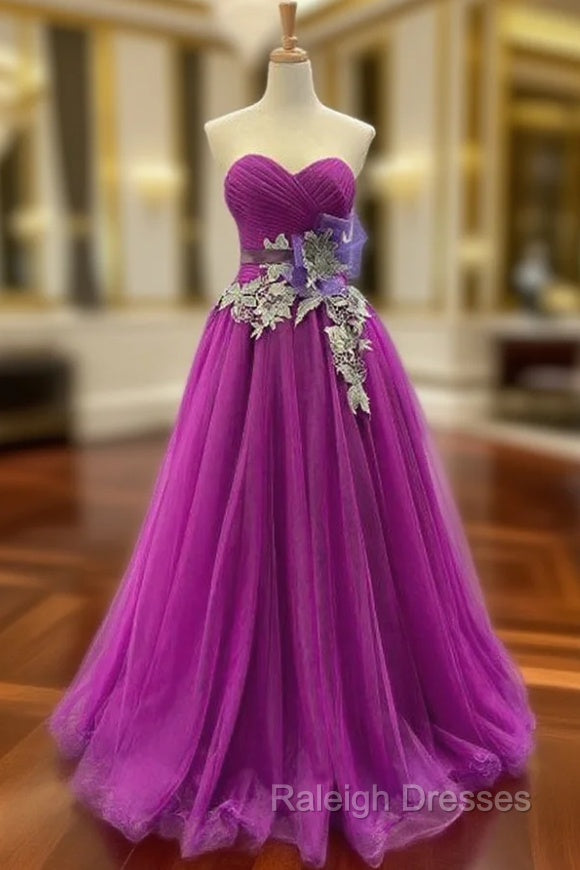 A-Line Purple Tulle Sweetheart Pleats Prom Dress