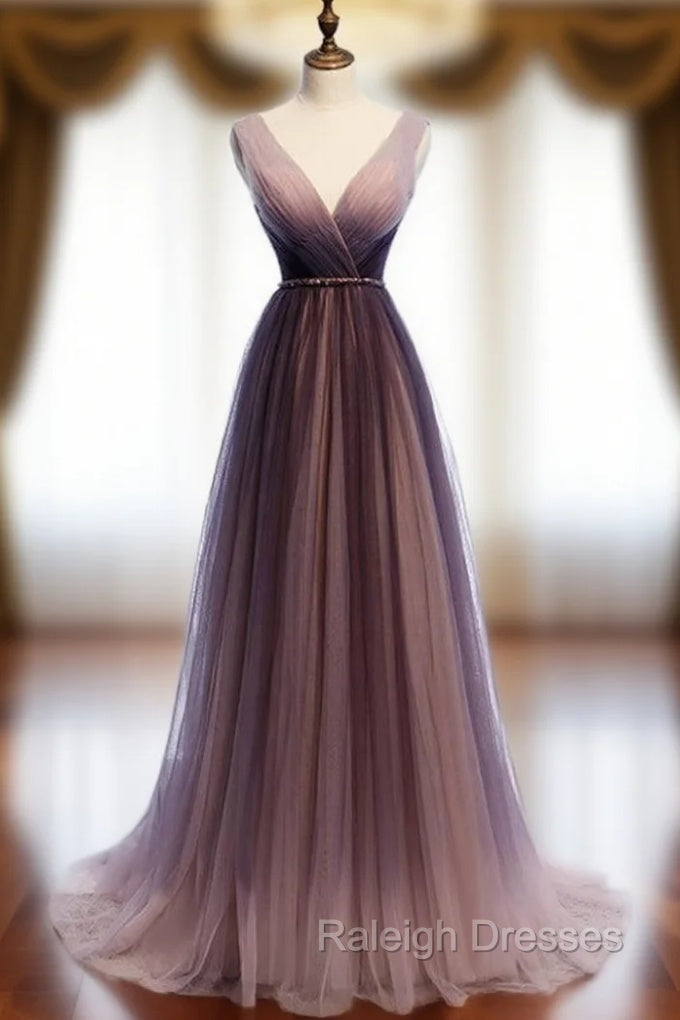 A Line Purple Tulle V Neck Pleats Sleeveless Prom Dresses Main image