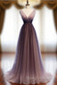 A Line Purple Tulle V Neck Pleats Sleeveless Prom Dresses