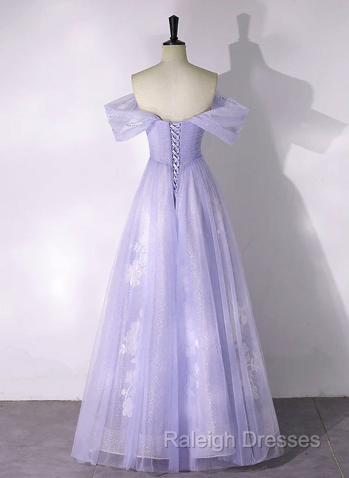 A-line Purple Tulle with Lace Off Shoulder Formal Dress, Purple Tulle Prom Dress