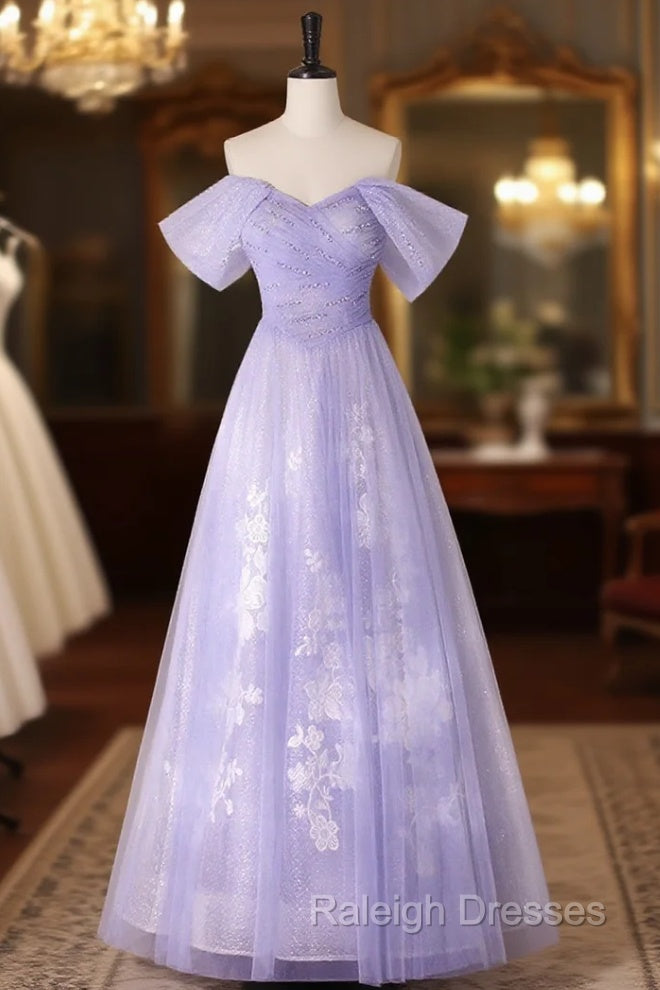 A-line Purple Tulle with Lace Off Shoulder Formal Dress, Purple Tulle Prom Dress Main image