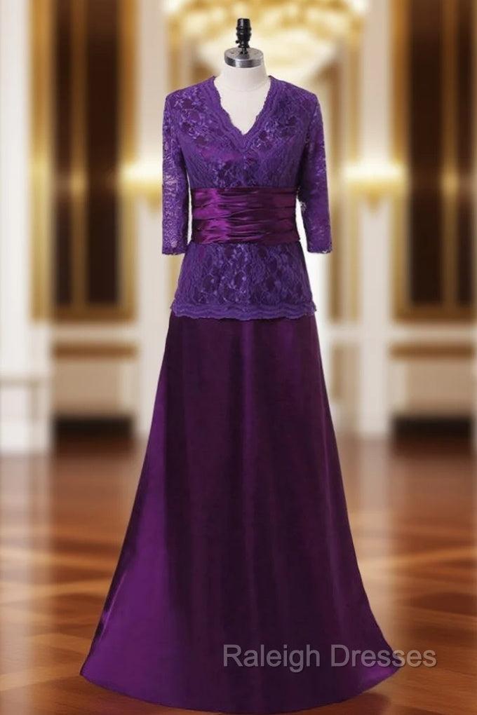 A Line Purple V Neck 3/4 Sleeves Mother Of The Bride Dress