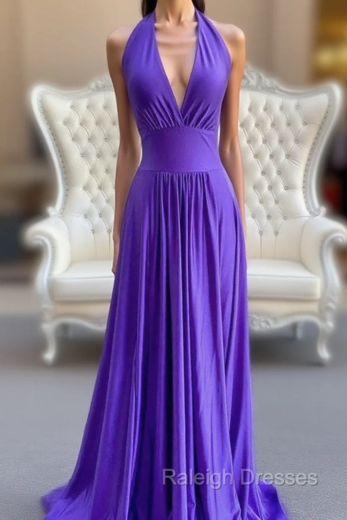 A Line Purple V Neck Backless Prom Dresses Main image