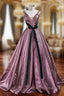 A Line Purple V Neck Pleats Prom Dresses Long With Green Velvet