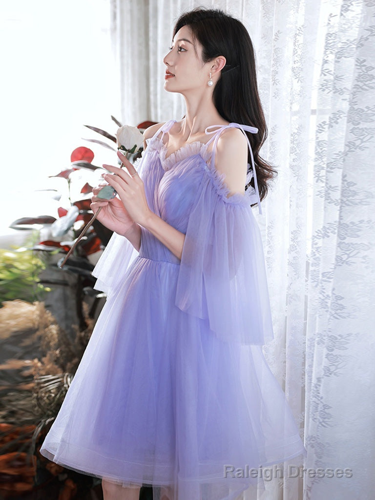 A-Line Purple V Neck Tulle Short Prom Dresses Purple Homecoming Dresses