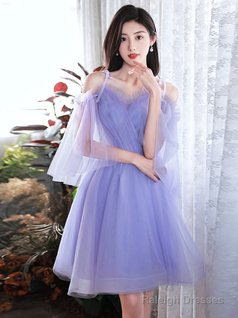 A-Line Purple V Neck Tulle Short Prom Dresses Purple Homecoming Dresses Main image