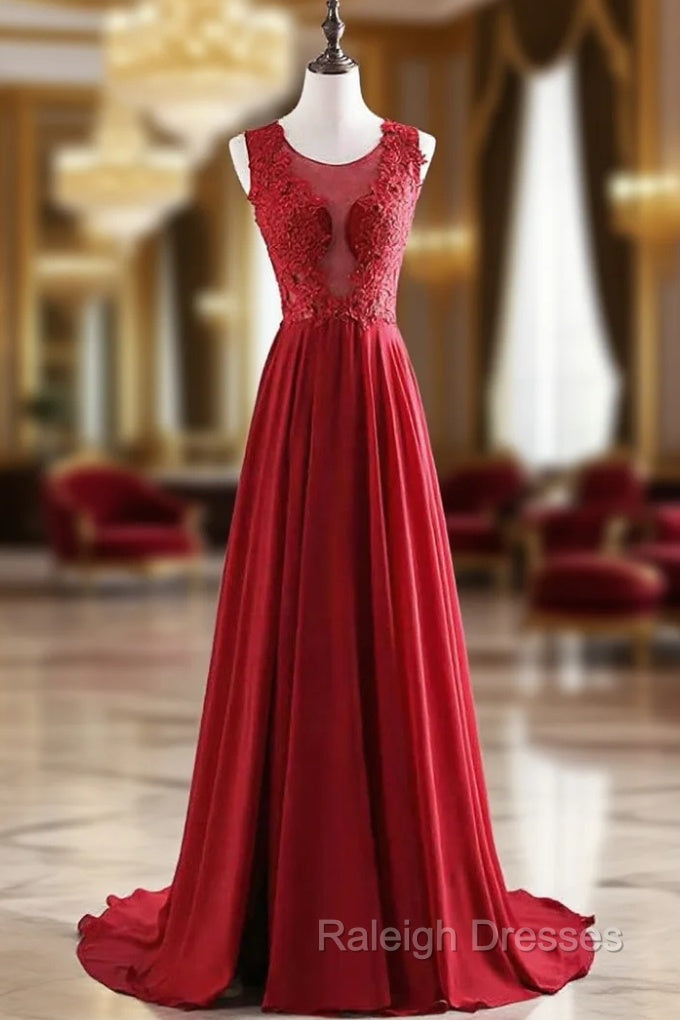 A Line Red Chiffon Appliques Long Floor Length Prom Dresses