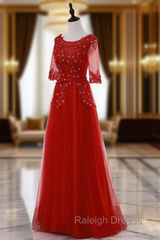 A Line Red Half Sleeve Lace Bridesmaid Dresses Main image