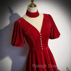A-Line Red High Neckline Velvet Long Prom Dresses Short Sleeves Velvet Prom Dresses