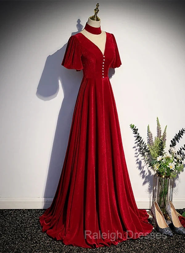 A-Line Red High Neckline Velvet Long Prom Dresses Short Sleeves Velvet Prom Dresses