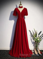 A-Line Red High Neckline Velvet Long Party Dress Short Sleeves Velvet Prom Dress