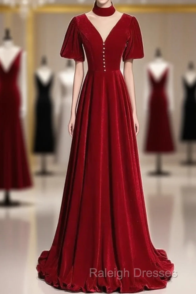 A-Line Red High Neckline Velvet Long Prom Dresses Short Sleeves Velvet Prom Dresses Main image