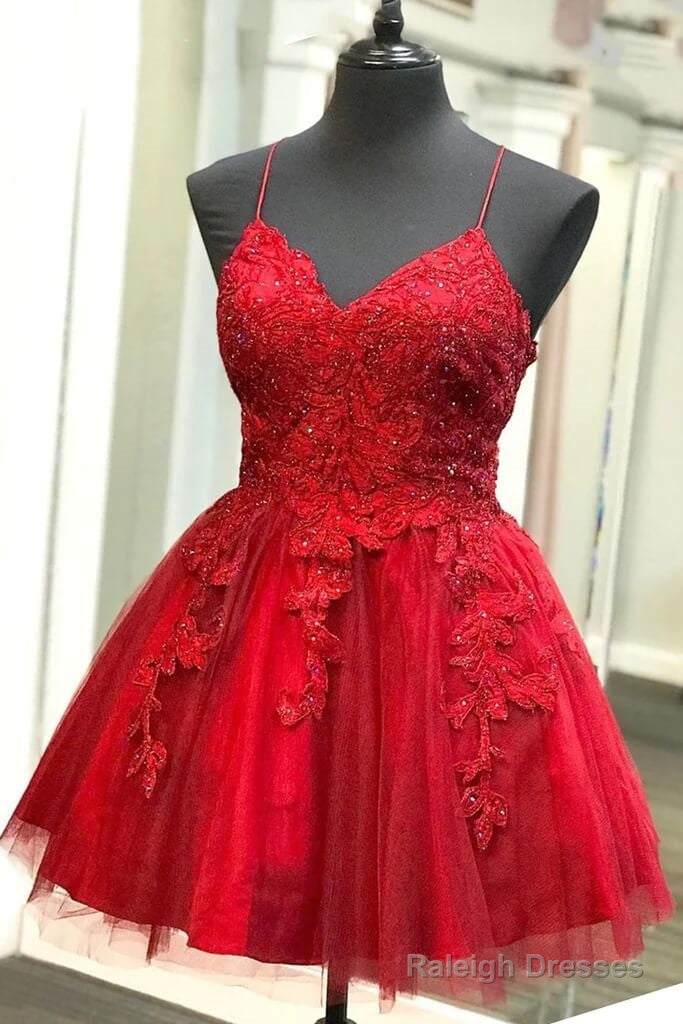 A-Line Red Lace Homecoming Dress Short V Neck Beaded Damas Dresses