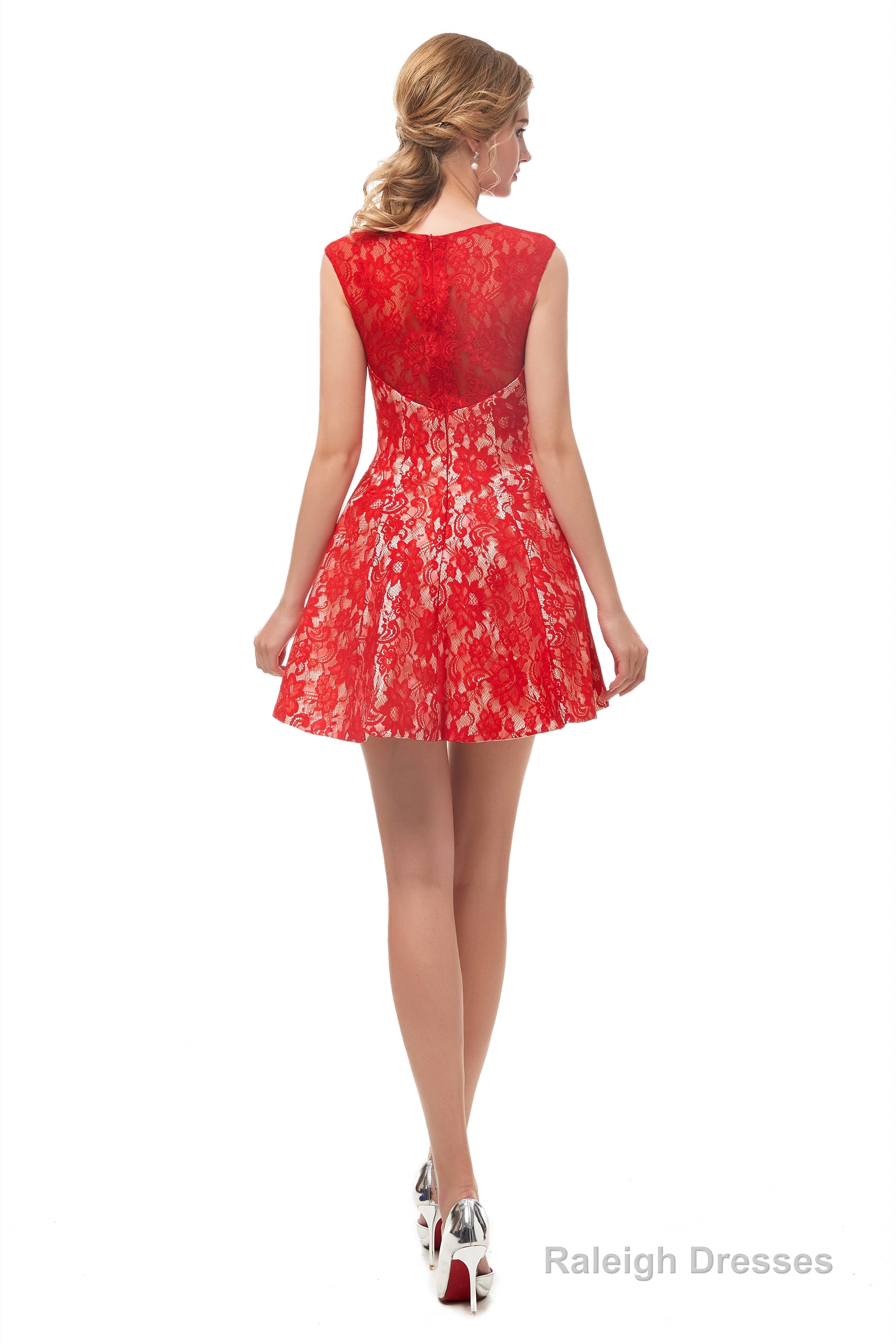 A-Line Red Lace Sleeveless Mini Homecoming Dresses
