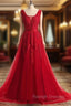 A Line Red Lace V Neck Backless Long Prom Dress
