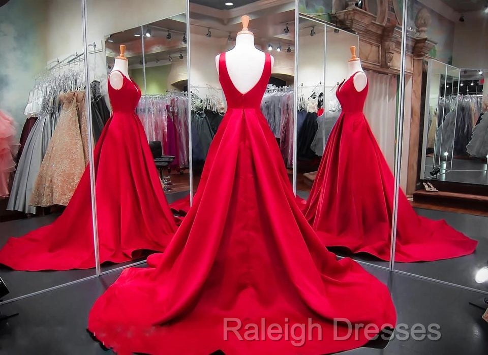 A Line Red Prom Dresses V Neck Satin Long Evening Dress