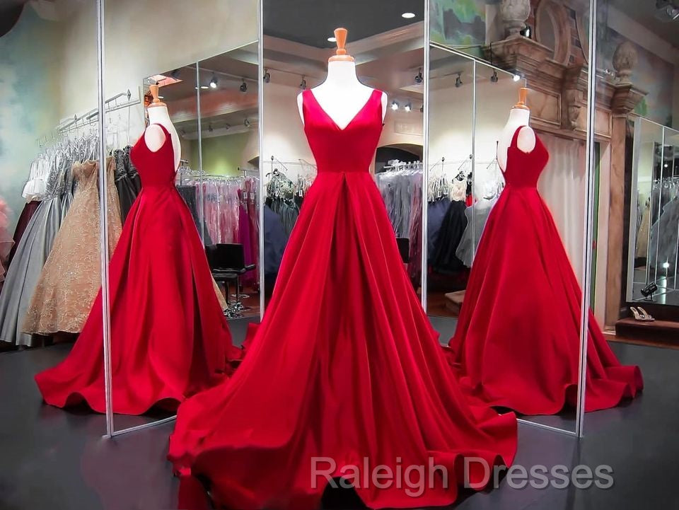A Line Red Prom Dresses V Neck Satin Long Evening Dress