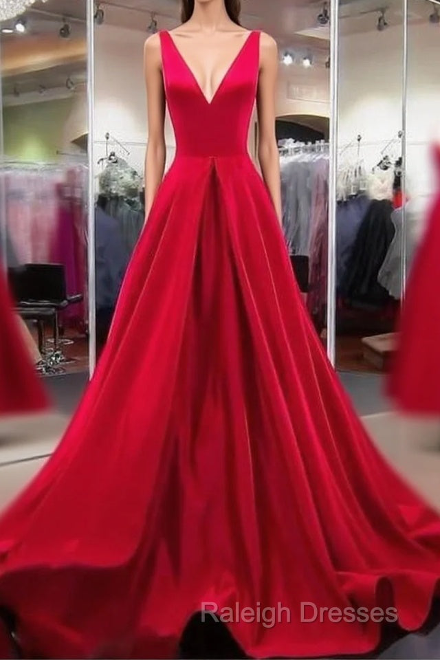 A Line Red Prom Dresses V Neck Satin Long Evening Dress Main image