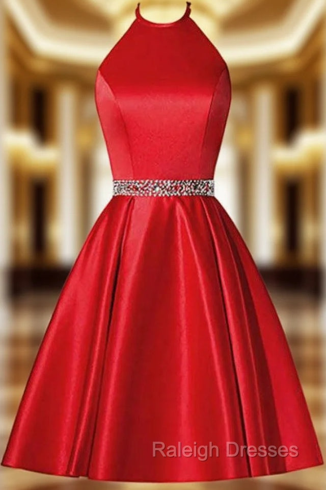 A-Line Red Satin Halter Beaidng Crystal Homecoming Dress With Pocket