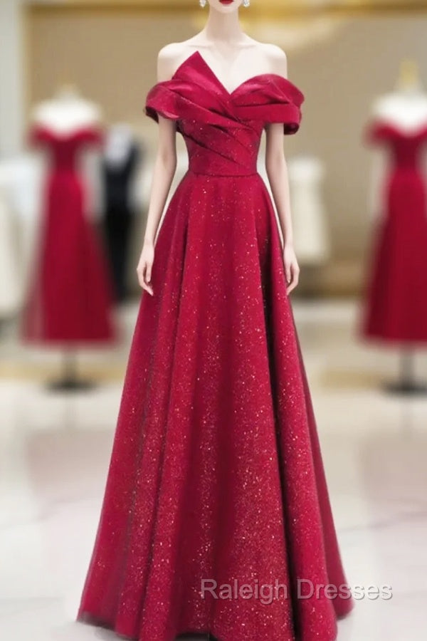 A-Line Red Satin Long Off Shoulder Evening Dress, Simple Floor Length Prom Dress