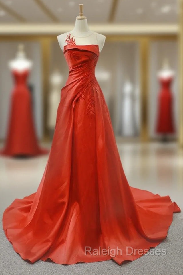 A Line Red Satin Pleats Beading Backless Long Prom Dress