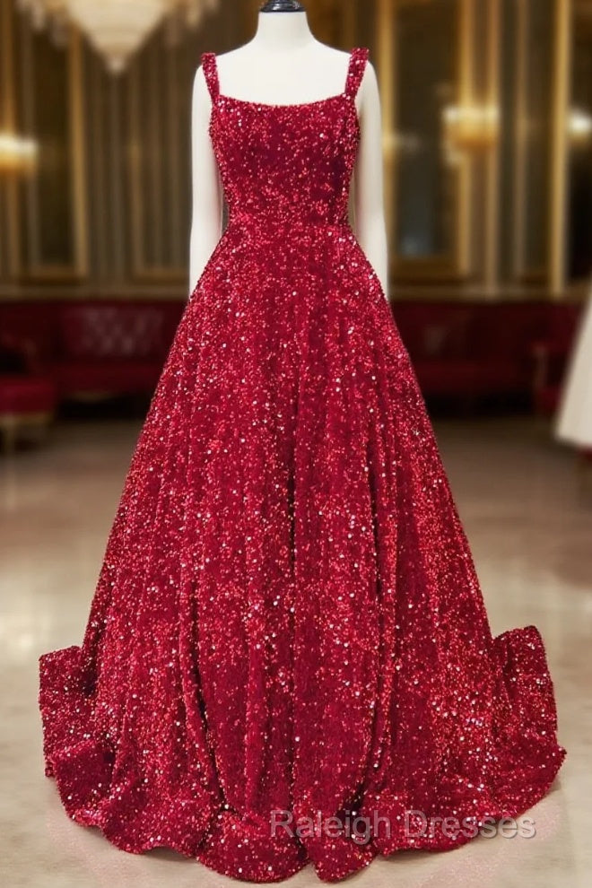 A-Line Red Sequin Quince Dresses Square Neck Backless Long Prom Dresses Main image