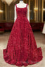 A-Line Red Sequin Quince Dresses Square Neck Backless Long Prom Dresses