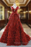 A-Line Red Sequins Feather V-neck Deep Backless Wedding Dress