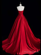 A-Line Red Strapless Satin Long Formal Dress, Red Lace-Up Party Dress Evening Dress