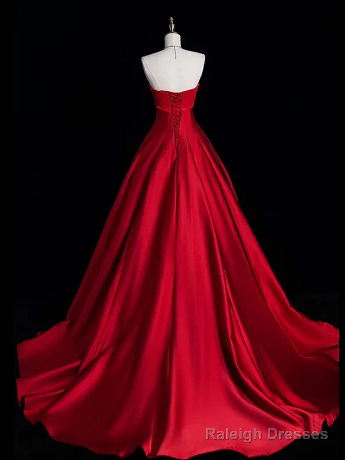A-Line Red Strapless Satin Long Prom Dresses Red Lace-Up Prom Dresseses Secondary image