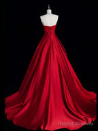 A-Line Red Strapless Satin Long Prom Dresses Red Lace-Up Prom Dresseses