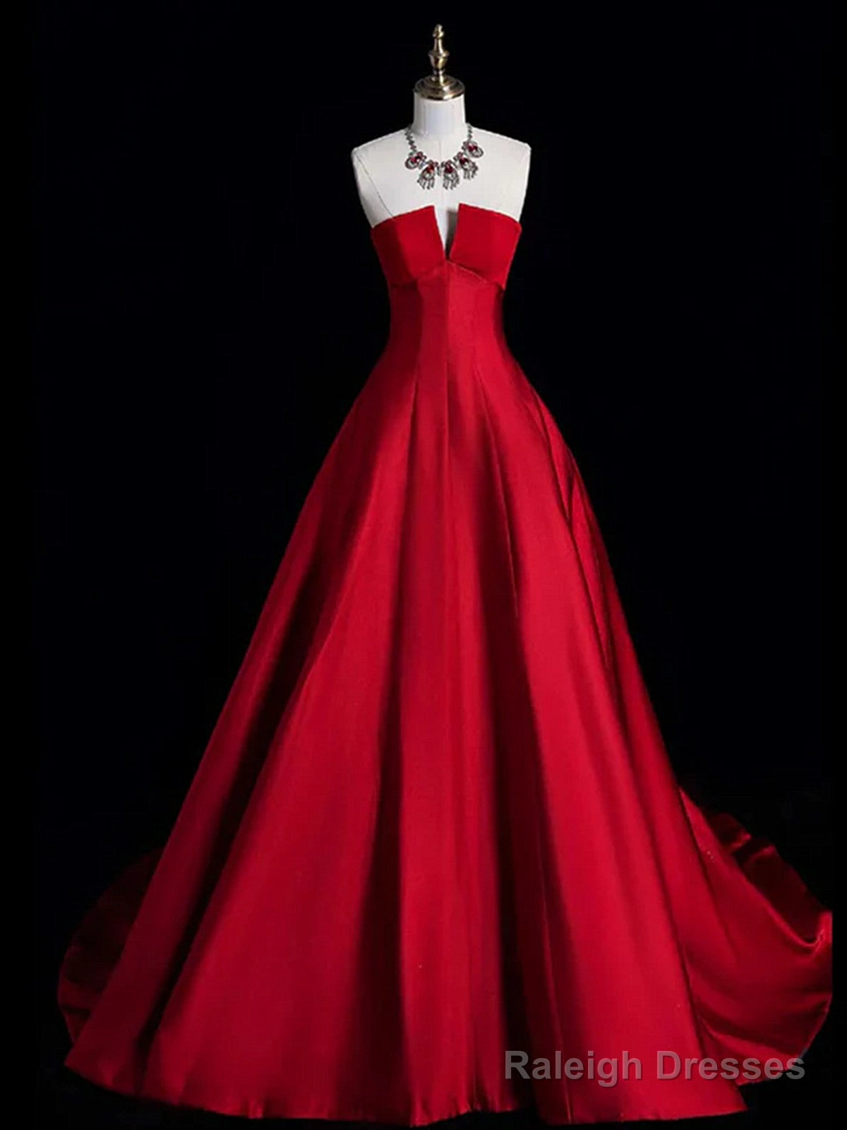 A-Line Red Strapless Satin Long Prom Dresses Red Lace-Up Prom Dresseses Main image