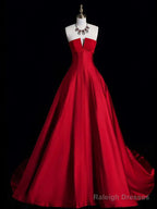 A-Line Red Strapless Satin Long Prom Dresses Red Lace-Up Prom Dresseses
